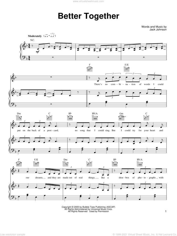 Better Together sheet music for voice, piano or guitar by Jack Johnson, intermediate skill level