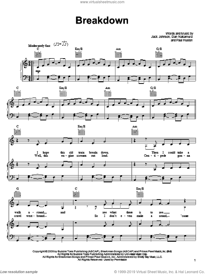 Breakdown sheet music for voice, piano or guitar by Jack Johnson, Dan Nakamura and Paul Huston, intermediate skill level