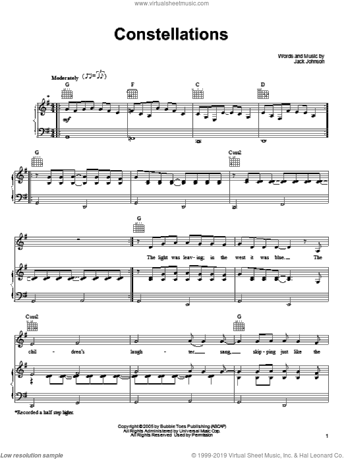 Constellations sheet music for voice, piano or guitar by Jack Johnson, intermediate skill level