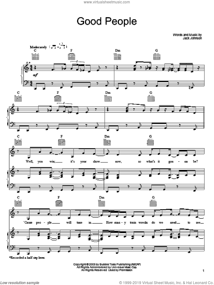 Good People sheet music for voice, piano or guitar by Jack Johnson, intermediate skill level
