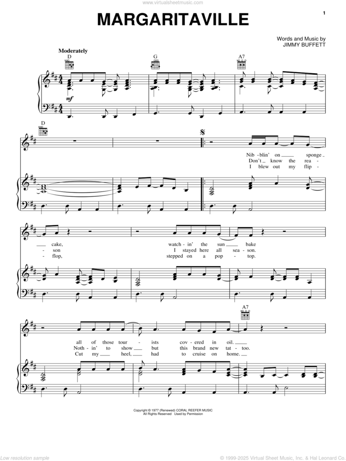 Margaritaville sheet music for voice, piano or guitar by Jimmy Buffett, intermediate skill level