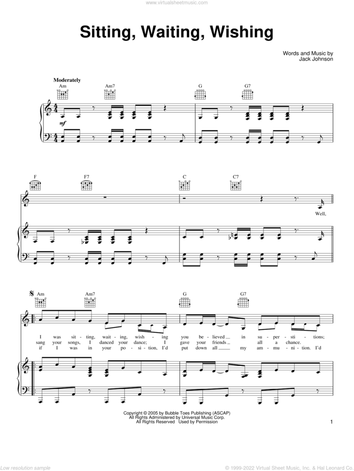 Sitting, Waiting, Wishing sheet music for voice, piano or guitar by Jack Johnson, intermediate skill level
