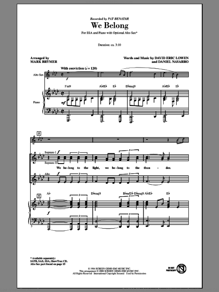 We Belong sheet music for choir (SSA: soprano, alto) by Mark Brymer, Daniel Navarro, David Eric Lowen and Pat Benatar, intermediate skill level