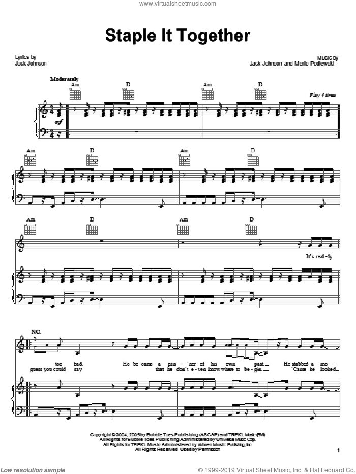 Staple It Together sheet music for voice, piano or guitar by Jack Johnson and Merlo Podlewski, intermediate skill level