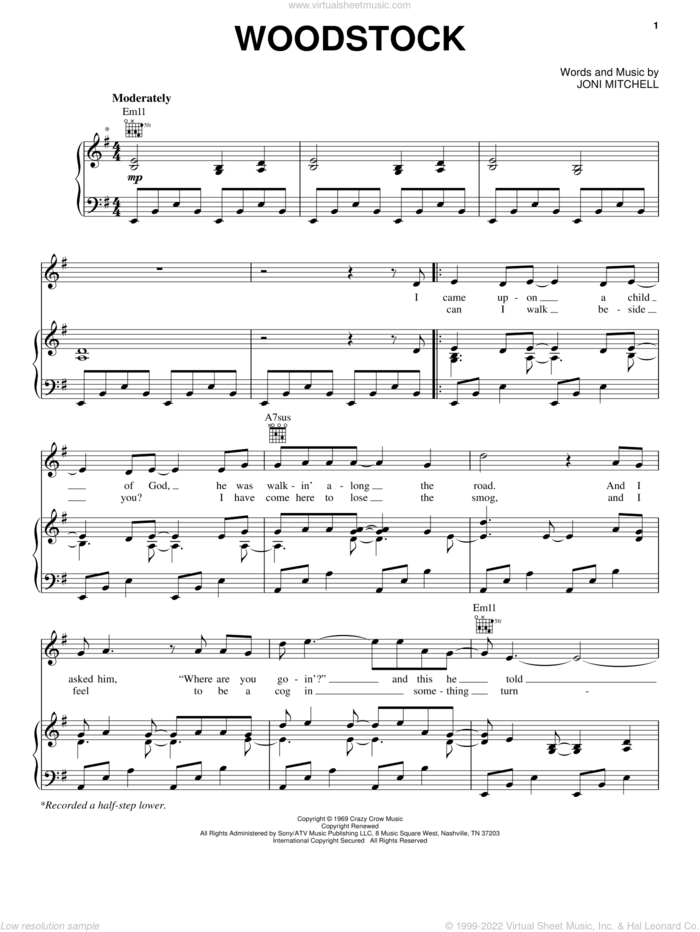 Woodstock sheet music for voice, piano or guitar by Joni Mitchell, intermediate skill level