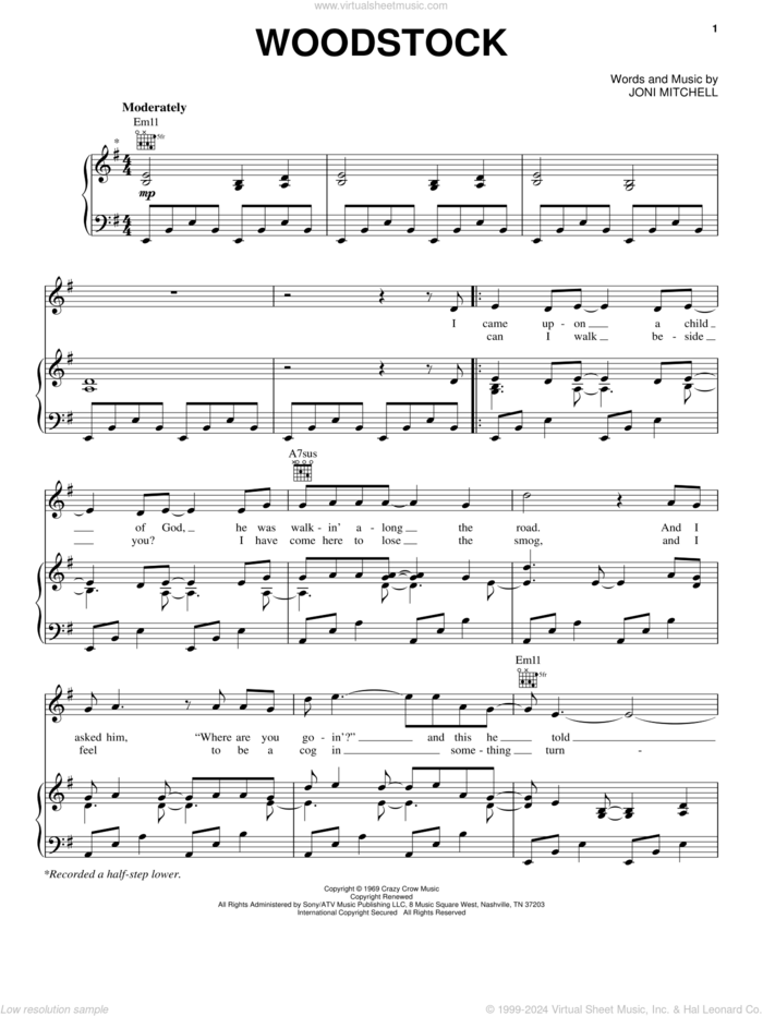 Woodstock sheet music for voice, piano or guitar by Joni Mitchell, intermediate skill level