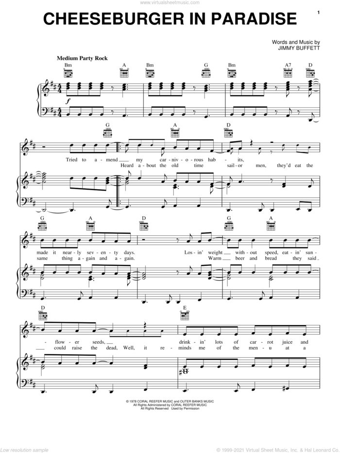 Cheeseburger In Paradise sheet music for voice, piano or guitar by Jimmy Buffett, intermediate skill level