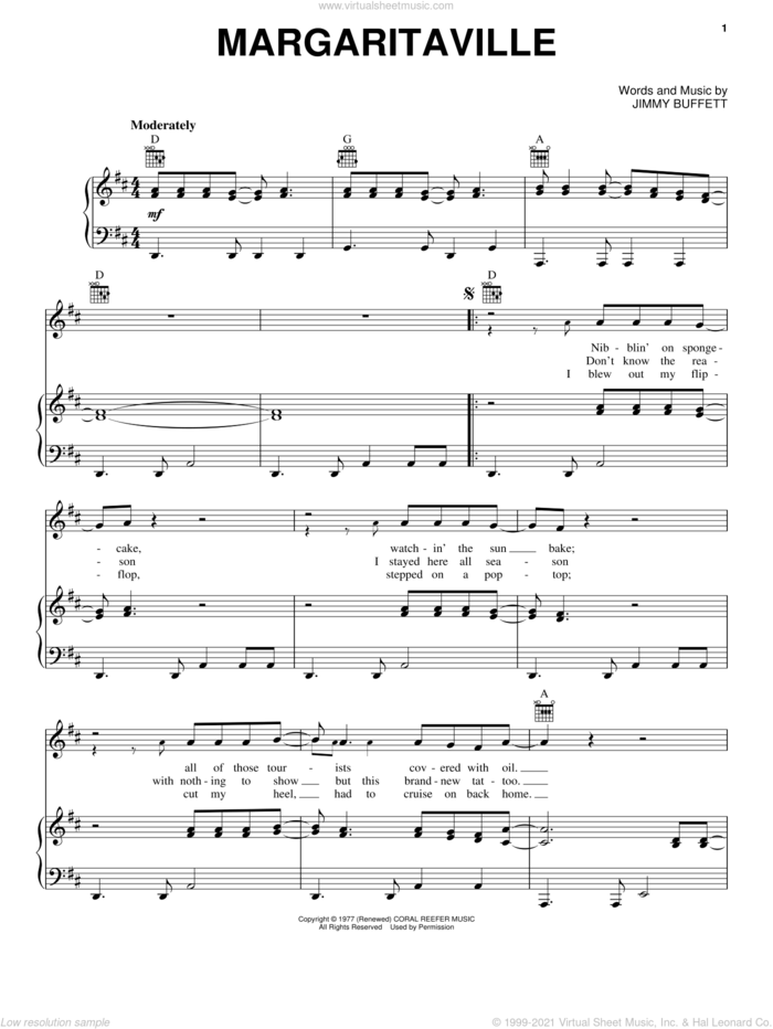 Margaritaville sheet music for voice, piano or guitar by Jimmy Buffett, intermediate skill level
