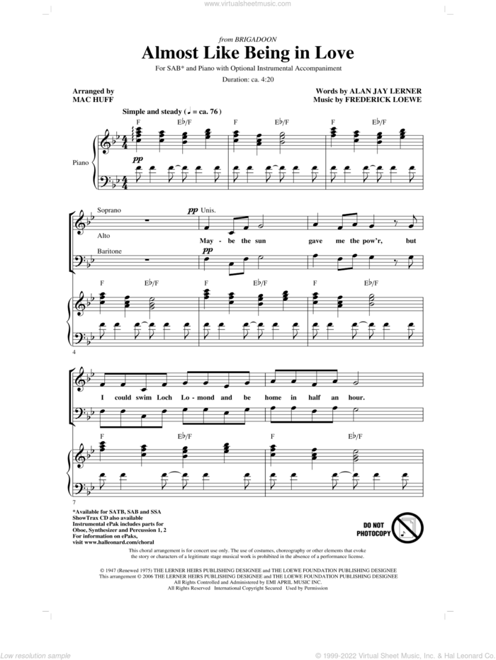 Almost Like Being In Love sheet music for choir (SAB: soprano, alto, bass) by Alan Jay Lerner, Frederick Loewe and Mac Huff, intermediate skill level