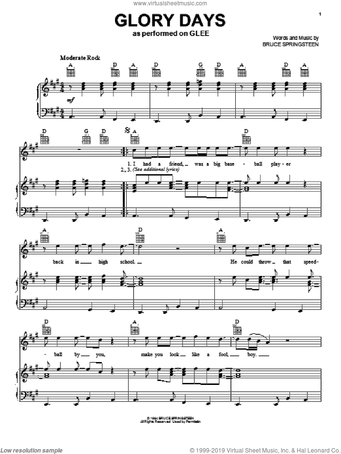 Glory Days sheet music for voice, piano or guitar by Bruce Springsteen and Glee Cast, intermediate skill level