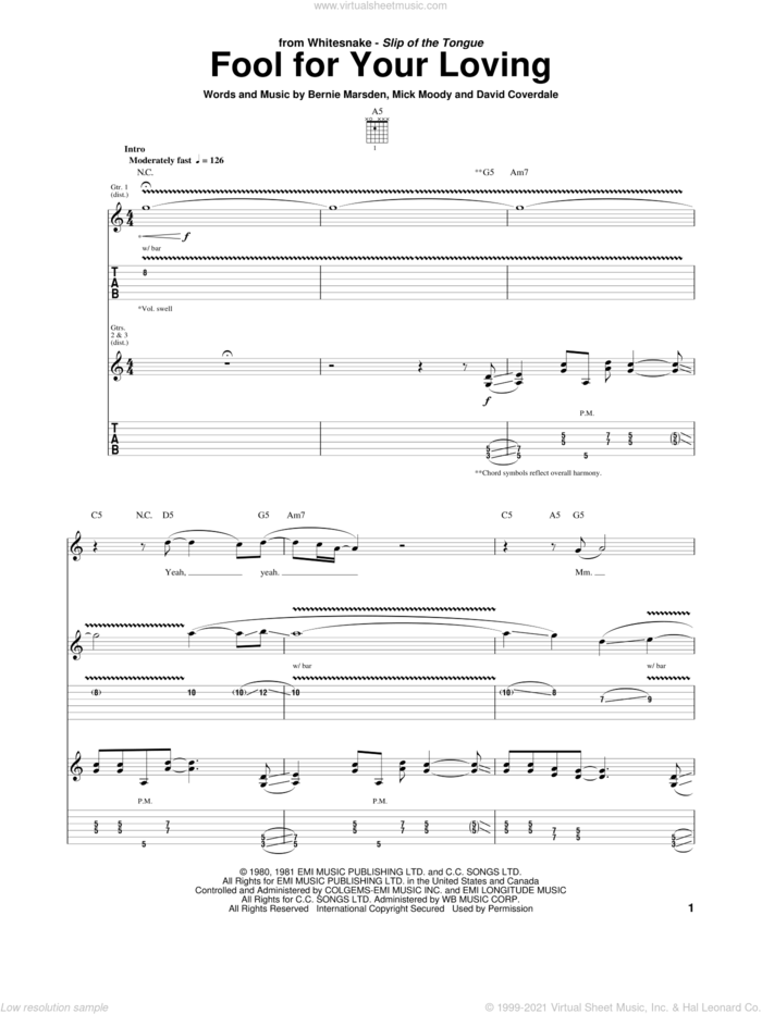 Fool For Your Loving sheet music for guitar (tablature) by Whitesnake, Bernie Marsden, David Coverdale and Michael Moody, intermediate skill level