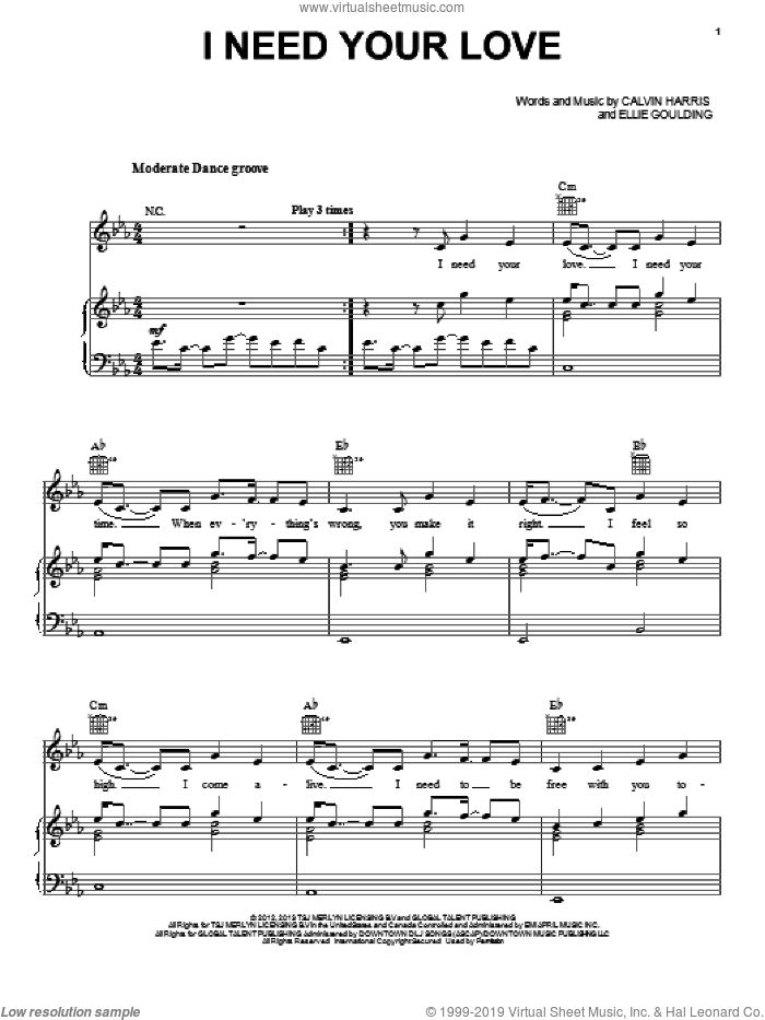 I Need Your Love sheet music for voice, piano or guitar by Calvin Harris and Ellie Goulding, intermediate skill level