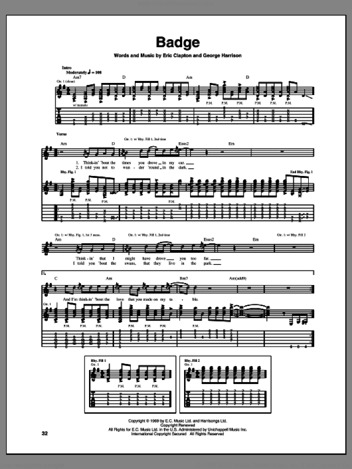 Badge sheet music for guitar (tablature) by Cream, Eric Clapton and George Harrison, intermediate skill level