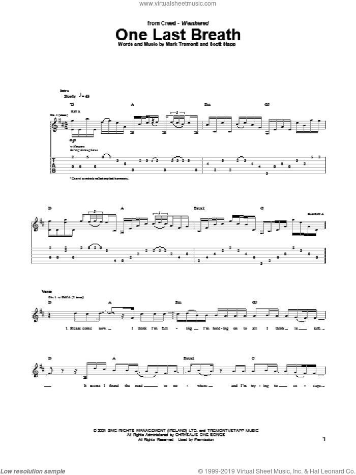 One Last Breath sheet music for guitar (tablature) by Creed, intermediate skill level