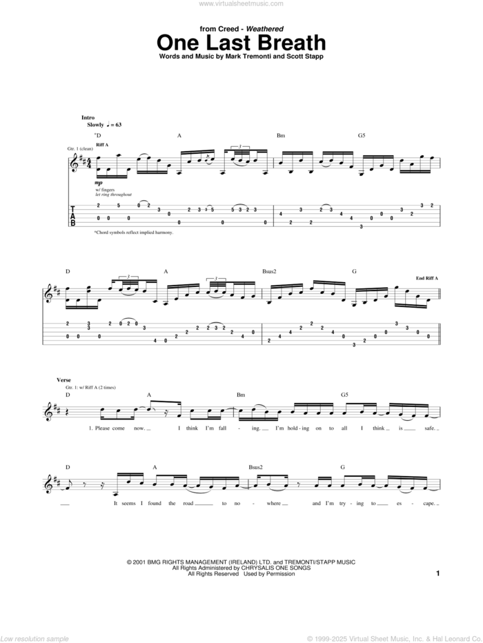 One Last Breath sheet music for guitar (tablature) by Creed, intermediate skill level