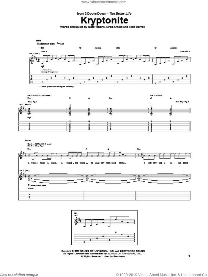 Kryptonite sheet music for guitar (tablature) by 3 Doors Down, intermediate skill level