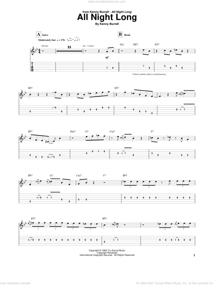All Night Long sheet music for guitar (tablature) by Kenny Burrell, intermediate skill level
