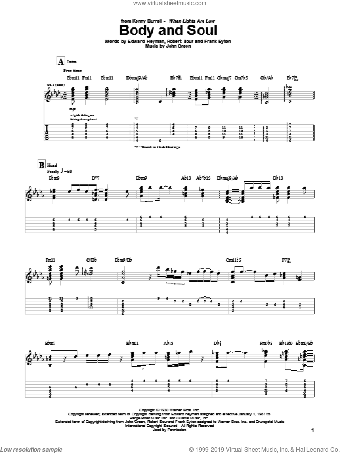 Body And Soul sheet music for guitar (tablature) by Kenny Burrell, Edward Heyman, Frank Eyton, Johnny Green and Robert Sour, intermediate skill level