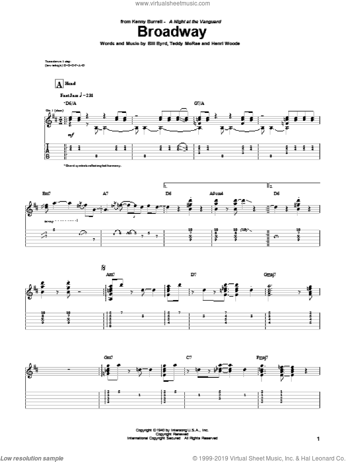 Broadway sheet music for guitar (tablature) by Kenny Burrell, Count Basie, Bill Byrd, Henri Woode and Teddy McRae, intermediate skill level