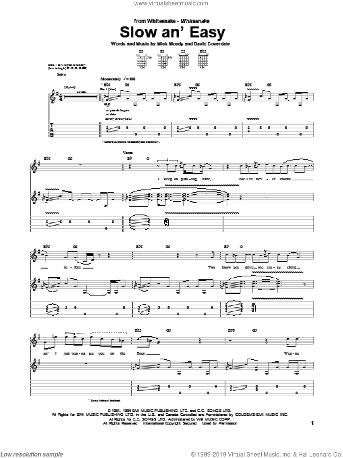 Slow An' Easy sheet music for guitar (tablature) by Whitesnake, intermediate skill level