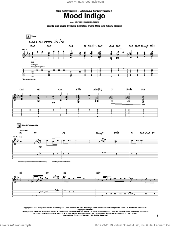 Mood Indigo sheet music for guitar (tablature) by Kenny Burrell, Albany Bigard, Duke Ellington and Irving Mills, intermediate skill level