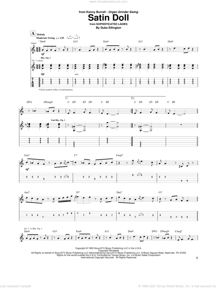 Satin Doll sheet music for guitar (tablature) by Kenny Burrell, Billy Strayhorn, Duke Ellington and Johnny Mercer, intermediate skill level