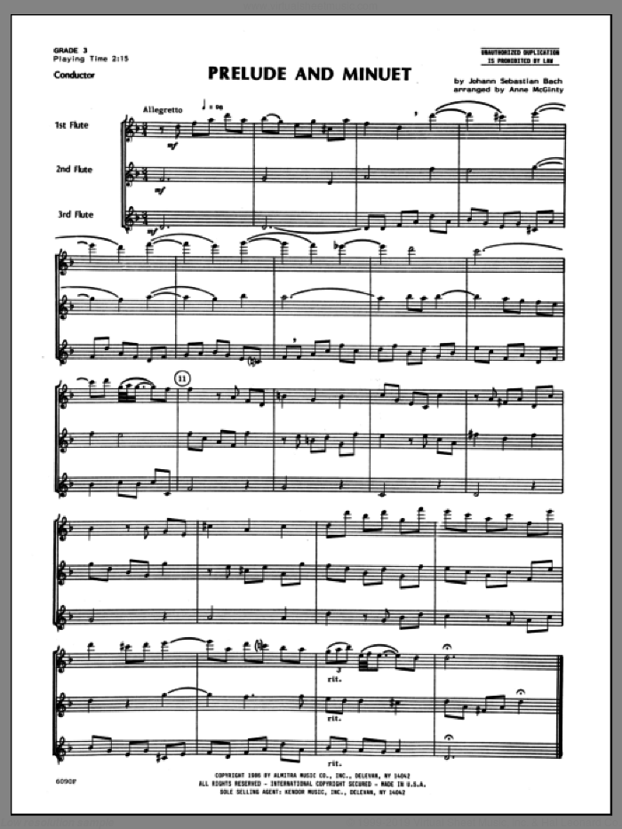 Prelude And Minuet (COMPLETE) sheet music for flute trio by Johann Sebastian Bach and Mcginty, classical score, intermediate skill level