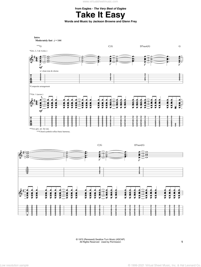 Take It Easy sheet music for guitar (tablature) by The Eagles, intermediate skill level