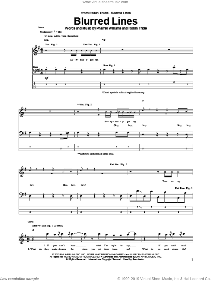Blurred Lines sheet music for bass (tablature) (bass guitar) by Robin Thicke and Pharrell Williams, intermediate skill level