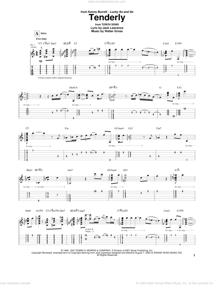 Tenderly sheet music for guitar (tablature) by Kenny Burrell, Jack Lawrence and Walter Gross, intermediate skill level