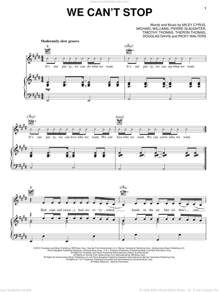We Can't Stop sheet music for voice, piano or guitar by Miley Cyrus, intermediate skill level