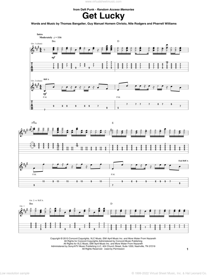 Get Lucky sheet music for guitar (tablature) by Daft Punk and Pharrell Williams, intermediate skill level