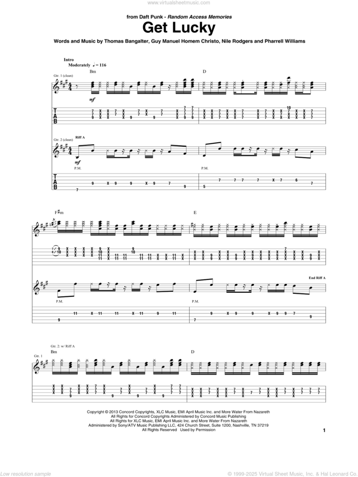 Get Lucky sheet music for guitar (tablature) by Daft Punk and Pharrell Williams, intermediate skill level