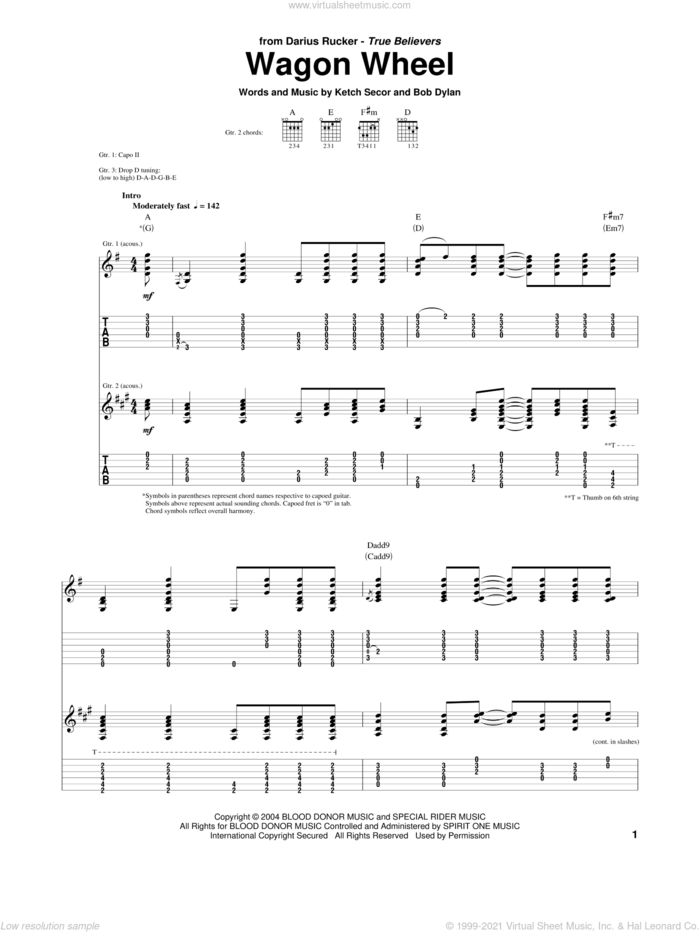 Wagon Wheel sheet music for guitar (tablature) by Darius Rucker, Bob Dylan and Old Crow Medicine Show, intermediate skill level