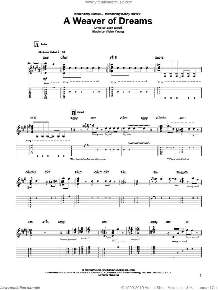 A Weaver Of Dreams sheet music for guitar (tablature) by Kenny Burrell, Jack Elliott and Victor Young, intermediate skill level