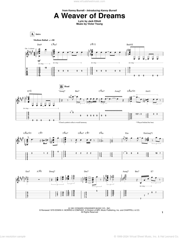 A Weaver Of Dreams sheet music for guitar (tablature) by Kenny Burrell, Jack Elliott and Victor Young, intermediate skill level