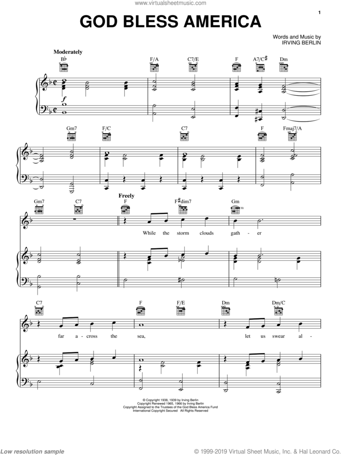 God Bless America sheet music for voice, piano or guitar by Irving Berlin and Celine Dion, intermediate skill level