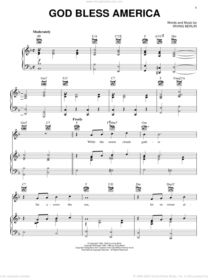 God Bless America sheet music for voice, piano or guitar by Irving Berlin and Celine Dion, intermediate skill level