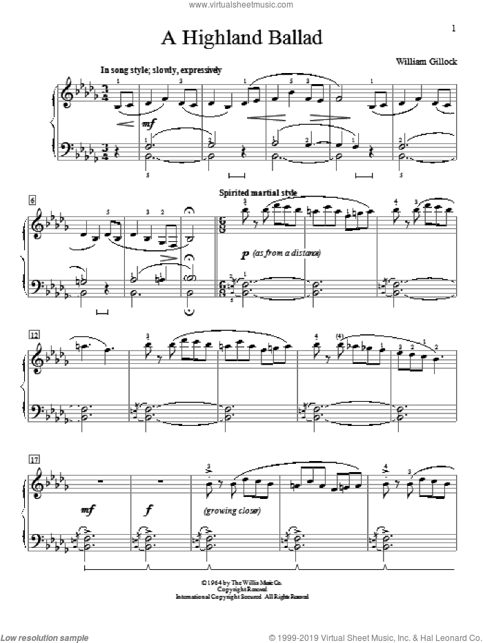 A Highland Ballad sheet music for piano solo (elementary) by William Gillock, beginner piano (elementary)