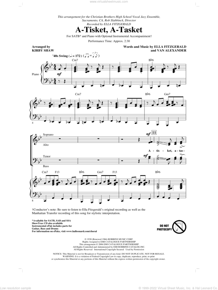 A-Tisket, A-Tasket sheet music for choir (SATB: soprano, alto, tenor, bass) by Ella Fitzgerald, Van Alexander, Kirby Shaw and Manhattan Transfer, intermediate skill level