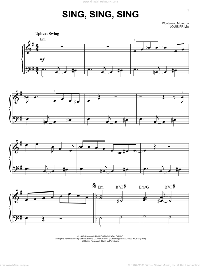 Sing, Sing, Sing, (easy) sheet music for piano solo by Benny Goodman and Louis Prima, easy skill level