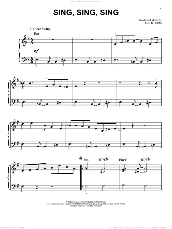 Sing, Sing, Sing, (easy) sheet music for piano solo by Benny Goodman and Louis Prima, easy skill level