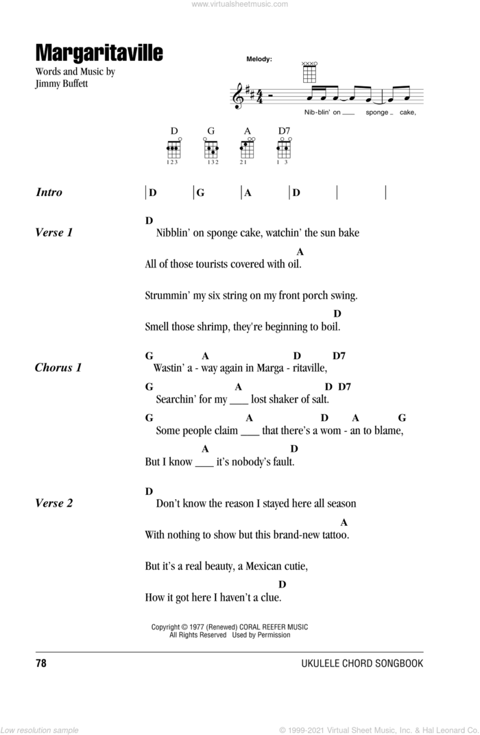 Margaritaville sheet music for ukulele (chords) by Jimmy Buffett, intermediate skill level