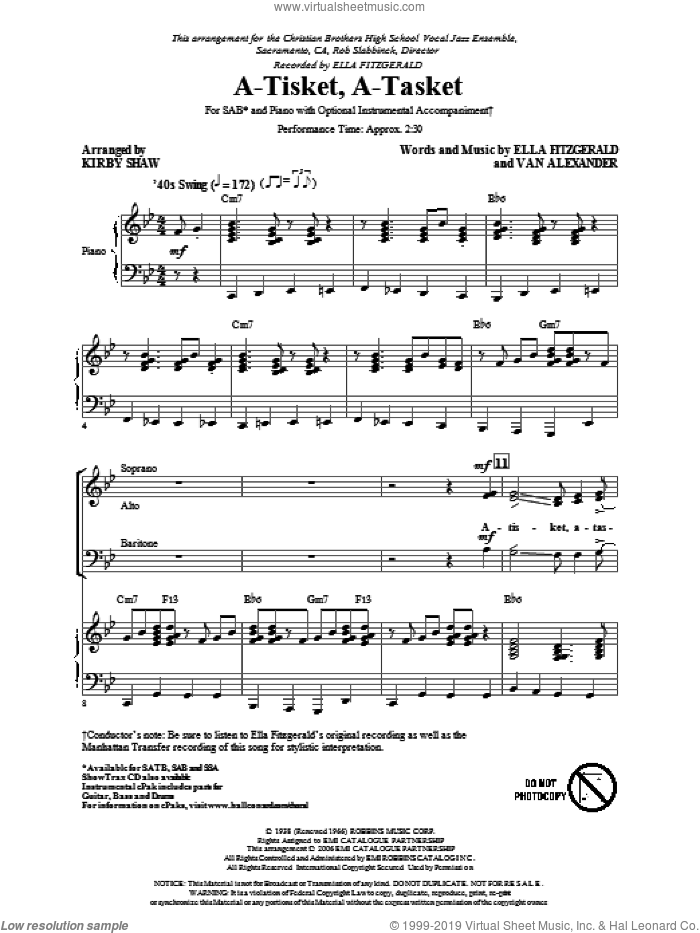 A-Tisket, A-Tasket sheet music for choir (SAB: soprano, alto, bass) by Ella Fitzgerald, Van Alexander, Kirby Shaw and Manhattan Transfer, intermediate skill level