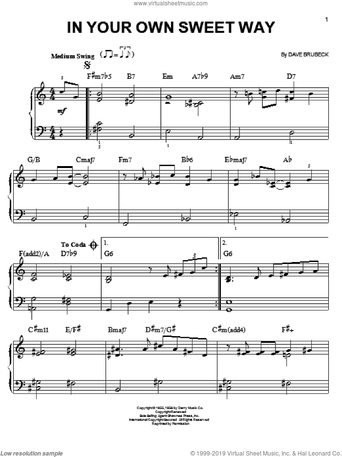 In Your Own Sweet Way, (easy) sheet music for piano solo by Dave Brubeck, easy skill level