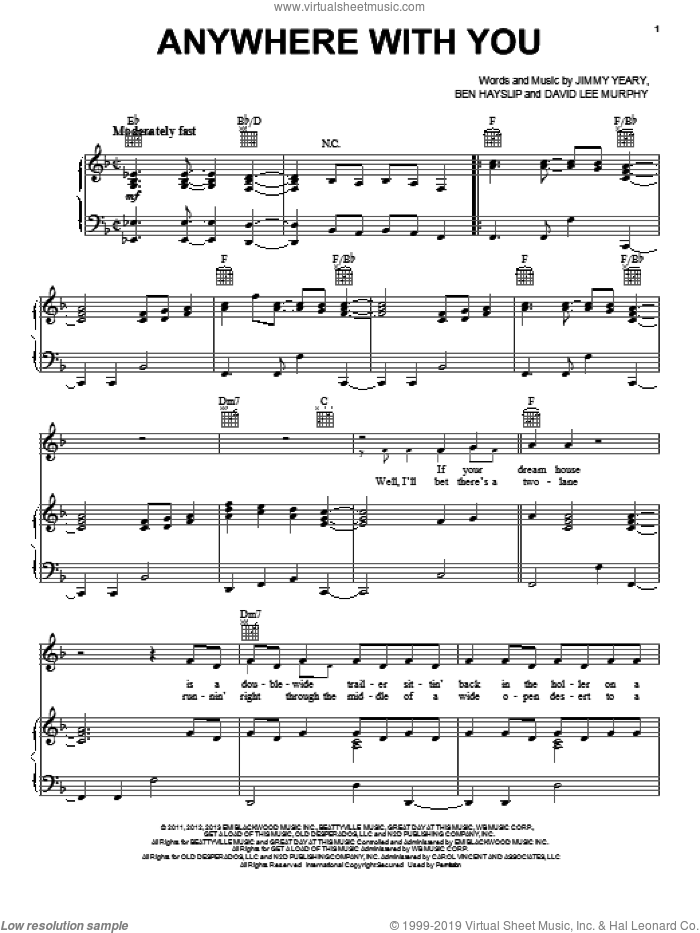 Anywhere With You sheet music for voice, piano or guitar by Jake Owen, intermediate skill level
