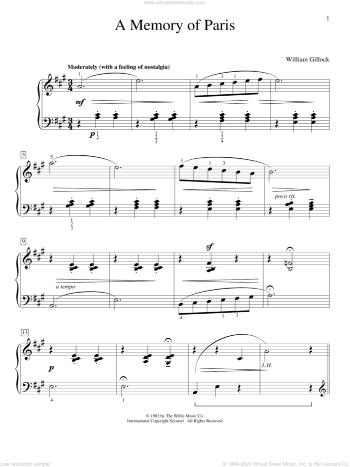 A Memory Of Paris sheet music for piano solo (elementary) by William Gillock, beginner piano (elementary)
