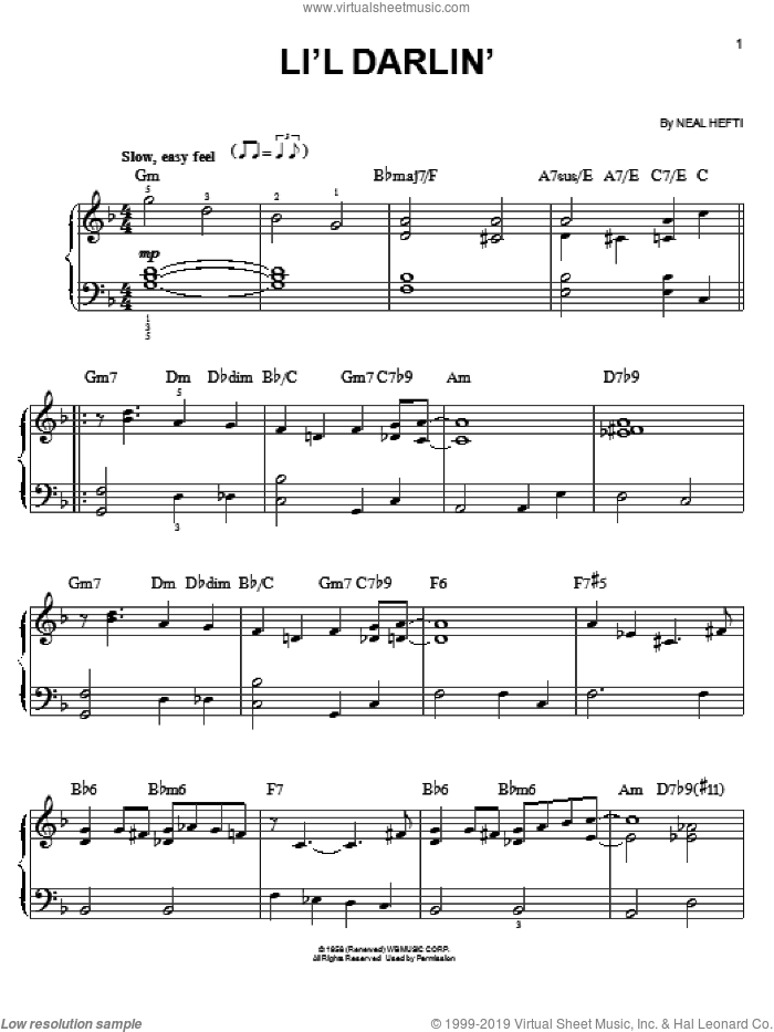 Li'l Darlin' sheet music for piano solo by Count Basie and Neal Hefti, easy skill level