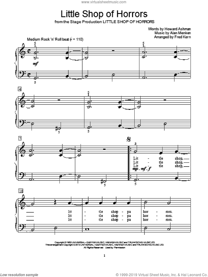 Little Shop Of Horrors (from Little Shop of Horrors) (arr. Fred Kern) sheet music for piano solo (elementary) by Alan Menken, Fred Kern and Howard Ashman, beginner piano (elementary)