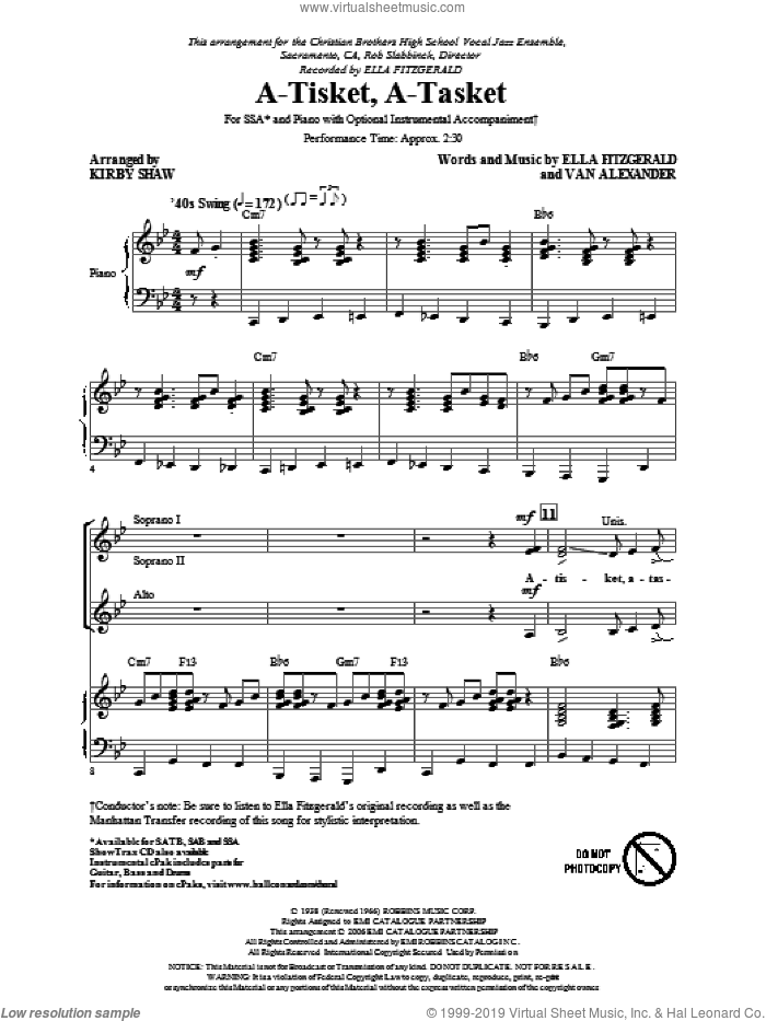 A-Tisket, A-Tasket sheet music for choir (SSA: soprano, alto) by Ella Fitzgerald, Van Alexander, Kirby Shaw and Manhattan Transfer, intermediate skill level